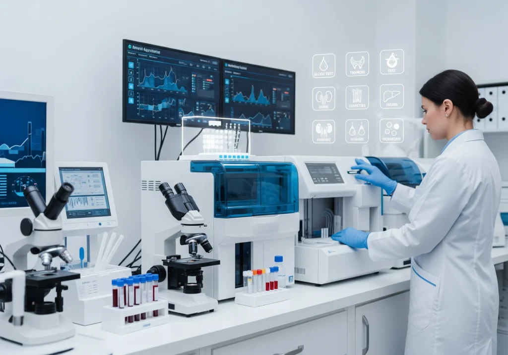 Modern pathology laboratory with advanced diagnostic machines, blood test samples, and professional lab technician ensuring accurate medical test reports